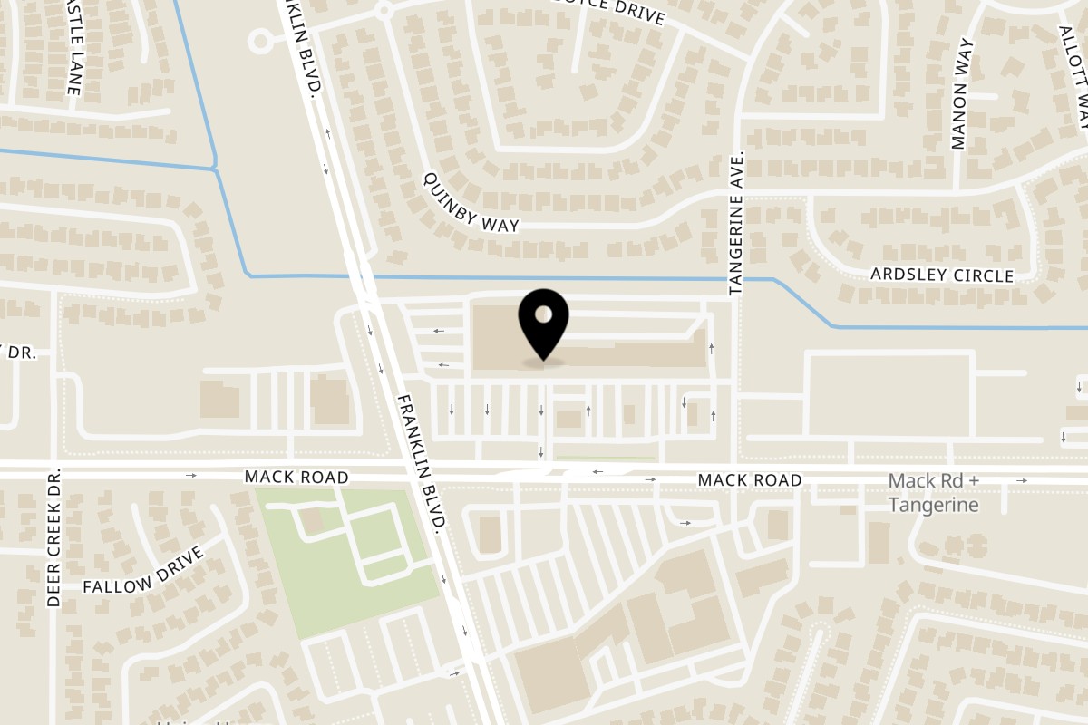 Map showing the location of Mountain Mike's Pizza on 4623 Mack Rd in Sacramento